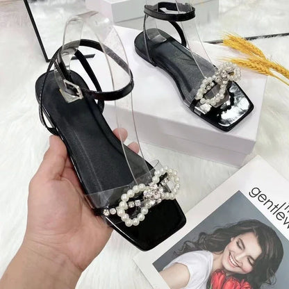 2024 Summer Women's Sandals with Bow Pearl Flat Heels Elegant Rhinestone Party Ladies Shoes Plus Size 42 Sandalias Mujer