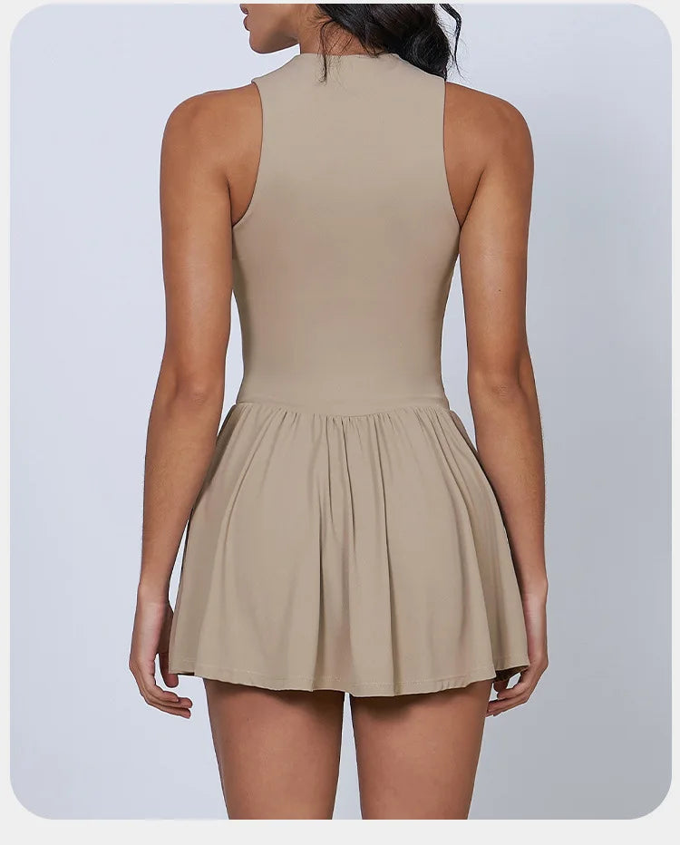 BIANHUI Women's Summer Sundress Fake Two-Piece Stand Collar Dress Running Anti-Exposure Base Layer A Flared Tennis Skirt