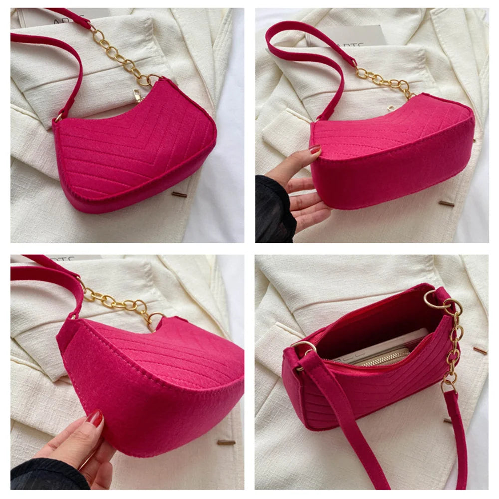 Brand Women Retro Underarm Bag Felt Solid Color Shoulder Bag Casual Purse