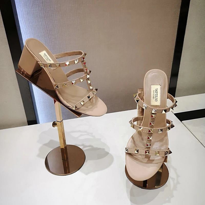 shoes woman 2024 trend For Women's Sandals Summer Luxury Slippers Chunky Heel Leather Rivets High heels elegant Designer Ladies