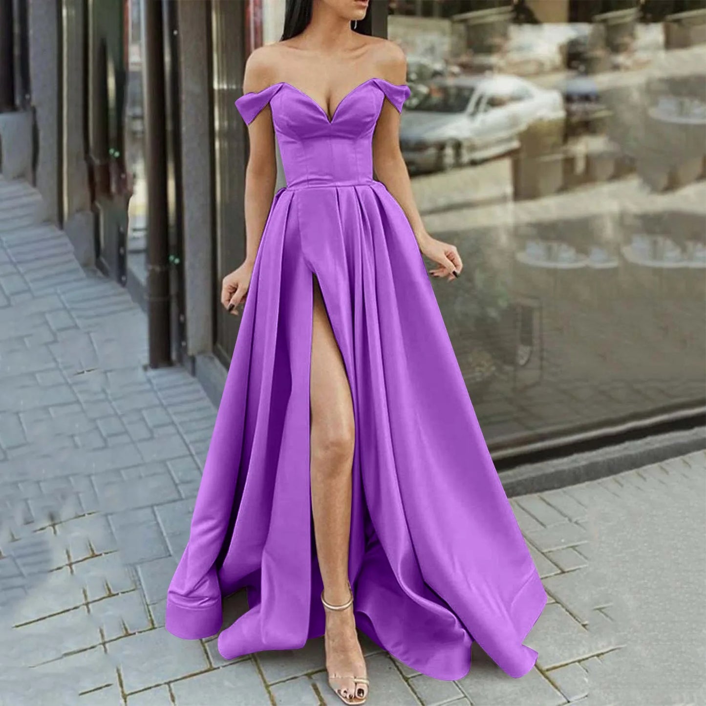 Evening wear Dresses: Off Shoulder Party Prom Dress High Split V Neck Evening Gown