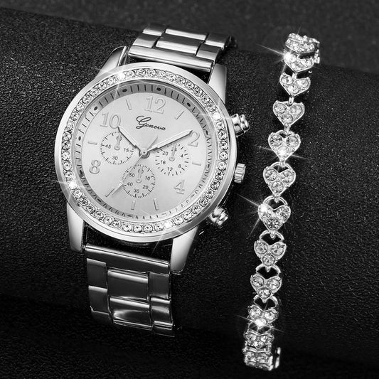 2PCS Women's Watch Fashion Rhinestone Ladies Analog Quartz Watches Bracelet Set Reloj Mujer Girls Clock Gift