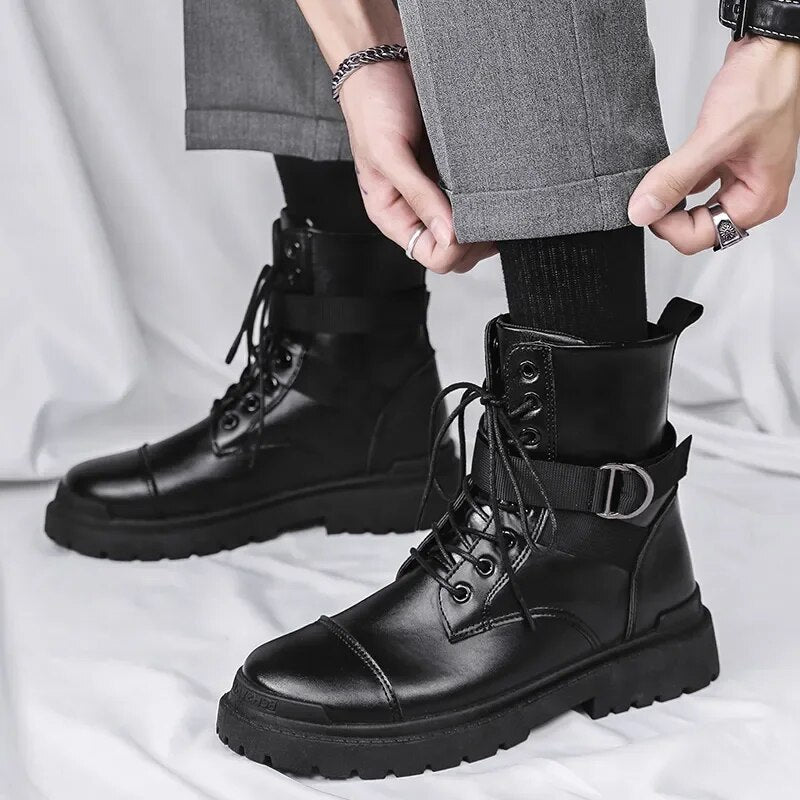 Black Men's Boots Chelsea Fashion Trend Tactical Platform Boots Leather Military Boot Men