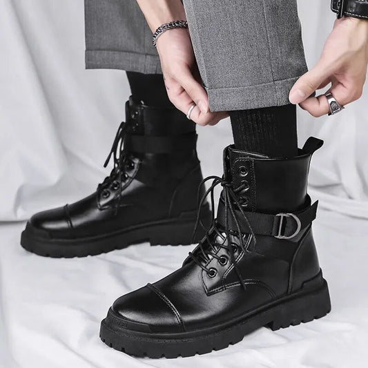 Black Men's Boots Chelsea Fashion Trend Tactical Platform Boots Leather Military Boot Men