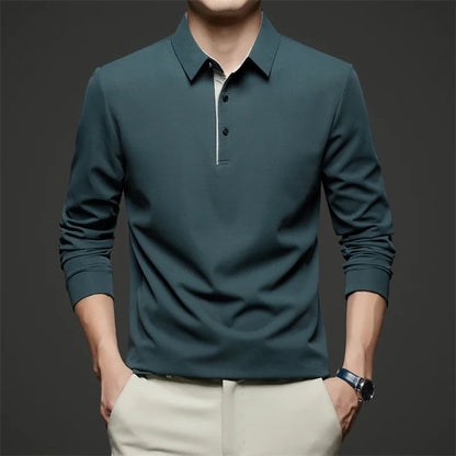New Men's Business Casual  Long Sleeve Solid Color Polo Shirt Fashionable Warm Comfortable Four Seasons Versatile Top