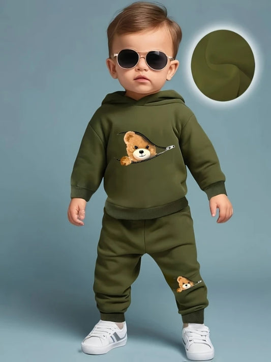 Newborn Baby Boy's Zipper Bear Print Fleece Hoodie & Casual Fashion Pants Set (Fall/Winter)