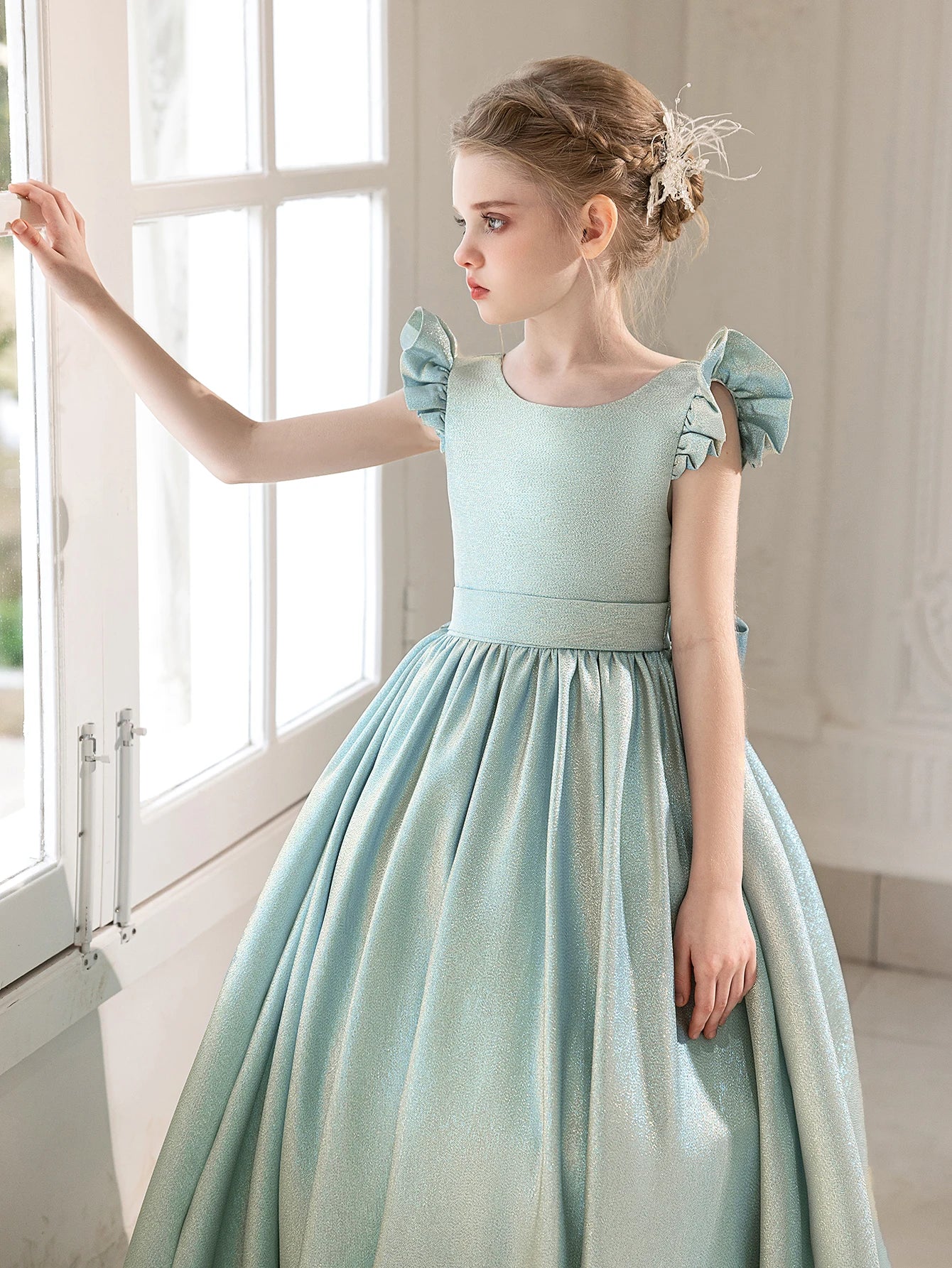 Children's High-end Blue Dress Back Big Bow Long Dress Weddings Birthday Party Gown