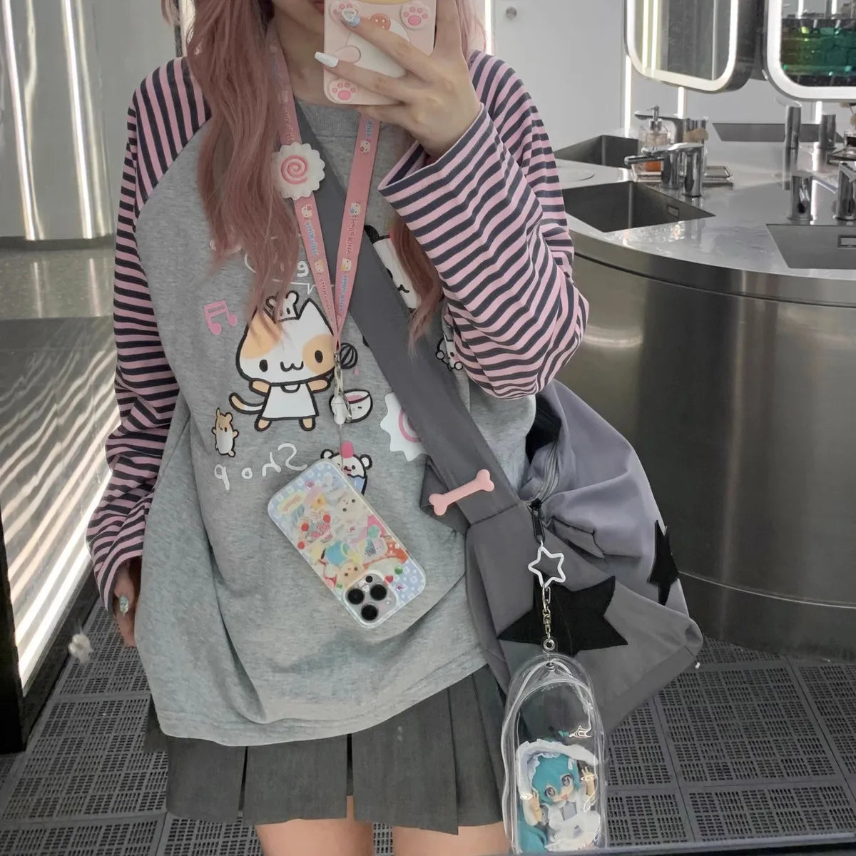 Y2k Harajuku Kawaii Striped Hoodie Women Japanese Fashion Patchwork