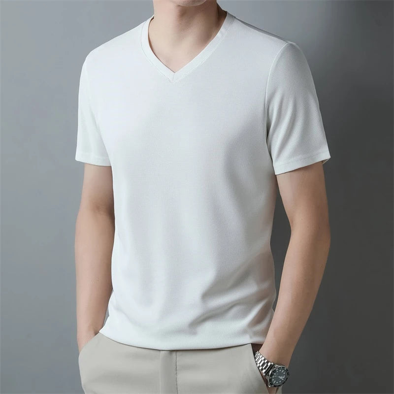 2024 Men's New Waffle V Neck Short Sleeved T-shirt Summer Comfortable Top