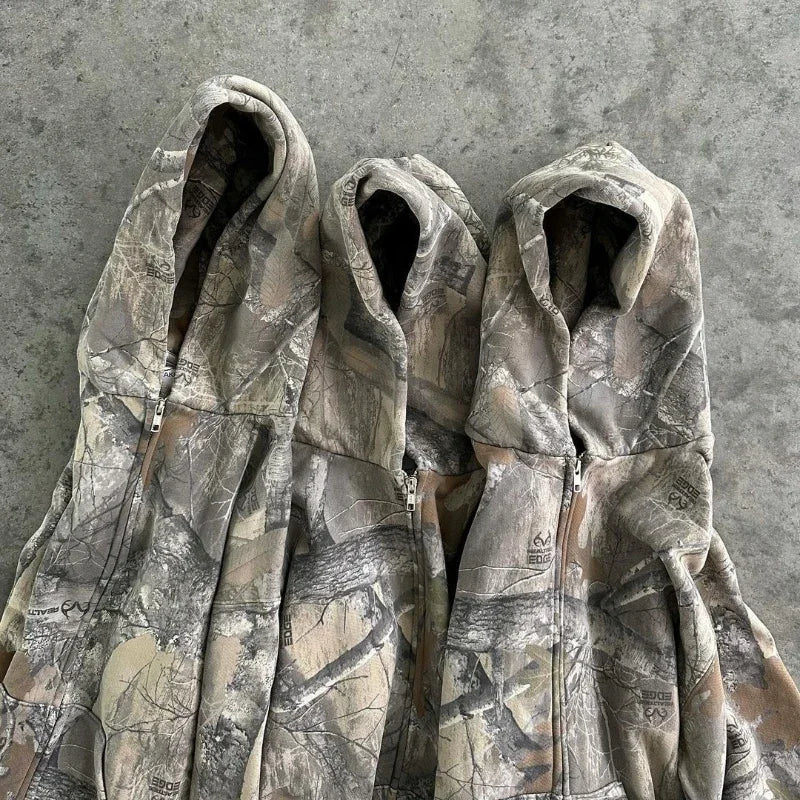 Y2k Camouflage Zipper Hoodie Men Clothing Oversized Zipper Sweatshirt American
