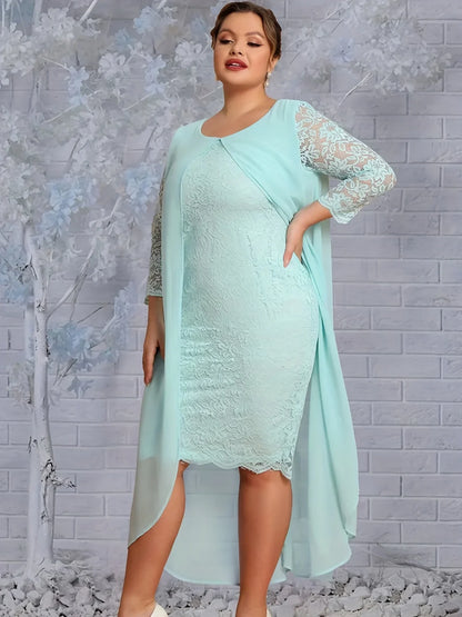 Plus Size Floral Jacquard Long Sleeve Layered Midi Dress, Women's Plus Medium Stretch Party Wedding Dress