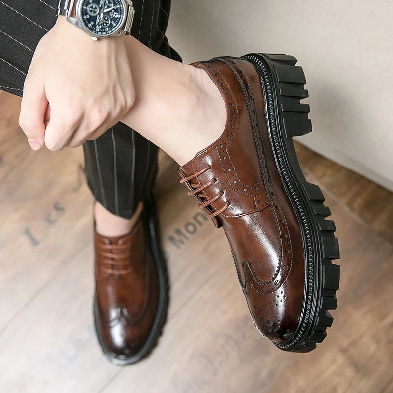 Luxury Wedding Brogue Dress Thick Sole Men Brand Leather Office Business Spring Autumn Designer Male Footwear Formal Party Shoes