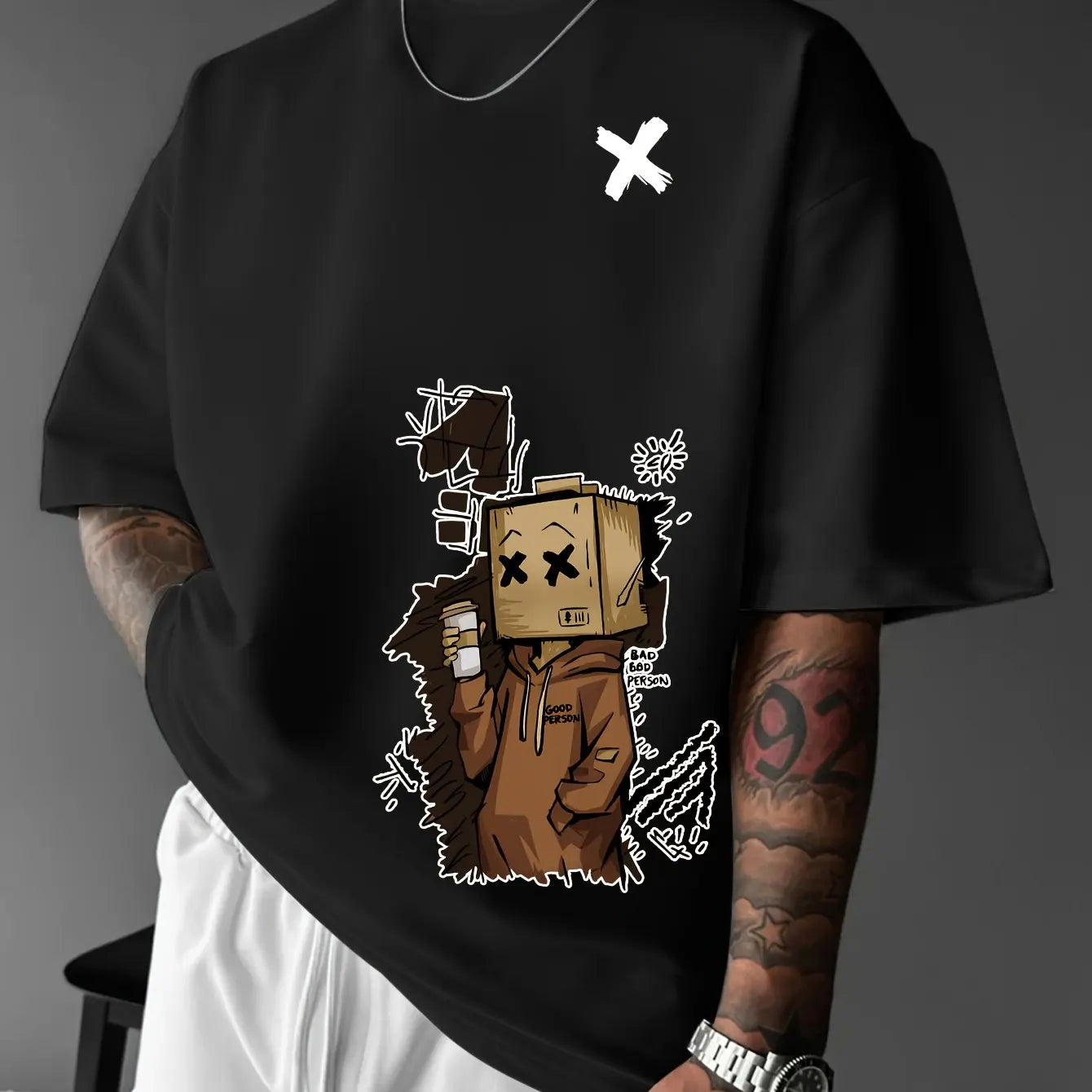 Men's 100% pure cotton fashionable casual sports loose trendy doll graffiti printed round neck short sleeved T-shirt top