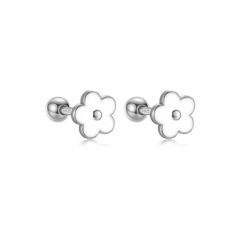 WANTME 925 Sterling Silver Romantic White Enamel Flower Screw Bead Stud Earrings for Women Fashion Simple Piercing Jewelry Gift