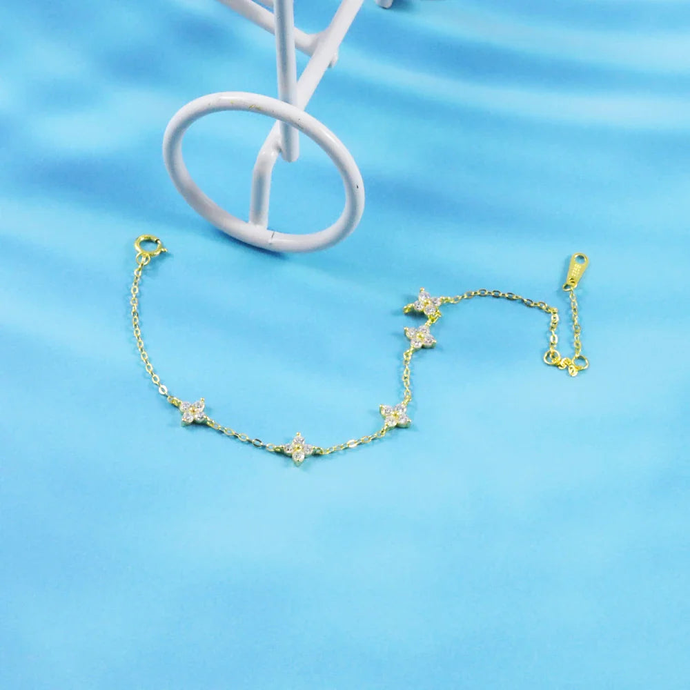 CANNER Real S925 Sterling Silver Mini Zircon Flower Pendant Bracelet Chain for Women's Fine Jewelry Gifts Gold Bracelets Bangles
