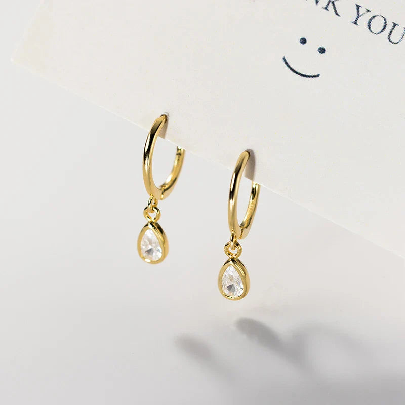 WANTME 925 Sterling Silver Sweet Water Drop Zircon Huggies Pendant Earrings for Women Fashion Wedding Party Hoop Charm Jewelry