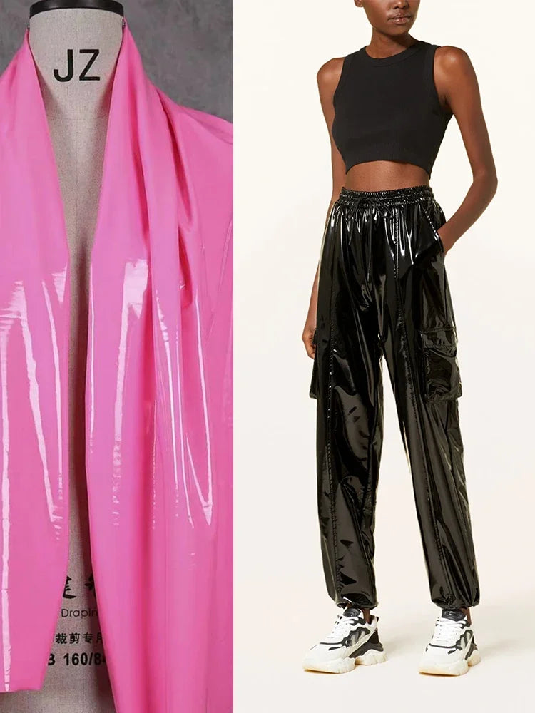 Casual High Waist Faux Latex Cargo Pants Women Shiny Patent Leather Drawstring