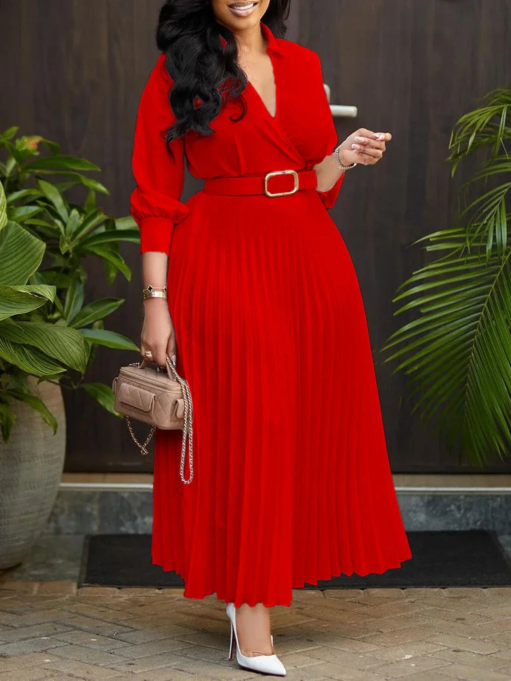 Party Maxi Dress Women Clothes Casual Pleated Dress Solid V-Neck Ruched Club Evening Long Dress with Belt Set Spring Summer