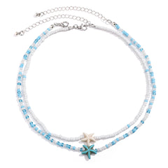 Layered Small Seed Beads Chains with Starfish Turtle Choker Necklace for Women