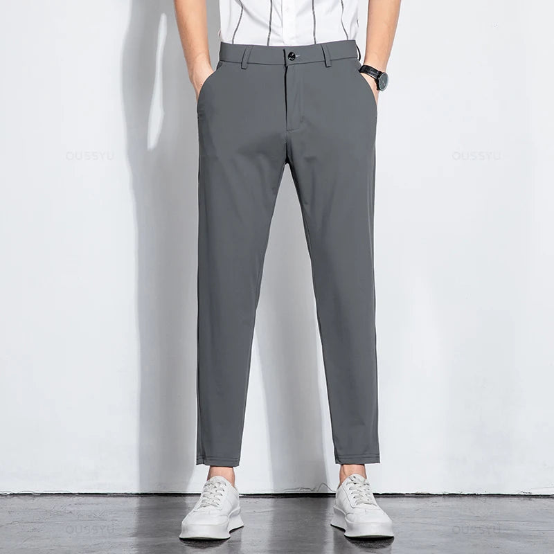 Summer Stretch Ankle-Length Suit Pants Men Thin Business Solid Color