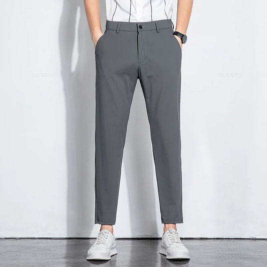 Summer Stretch Ankle-Length Suit Pants Men Thin Business Solid Color