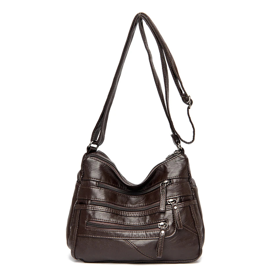 Women's Soft Leather Shoulder Bags Multi-Layer Pockets Classic