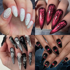 Halloween Horror Dark Press on Nails Red Black Glitter Spider Almond Fake Art Nails