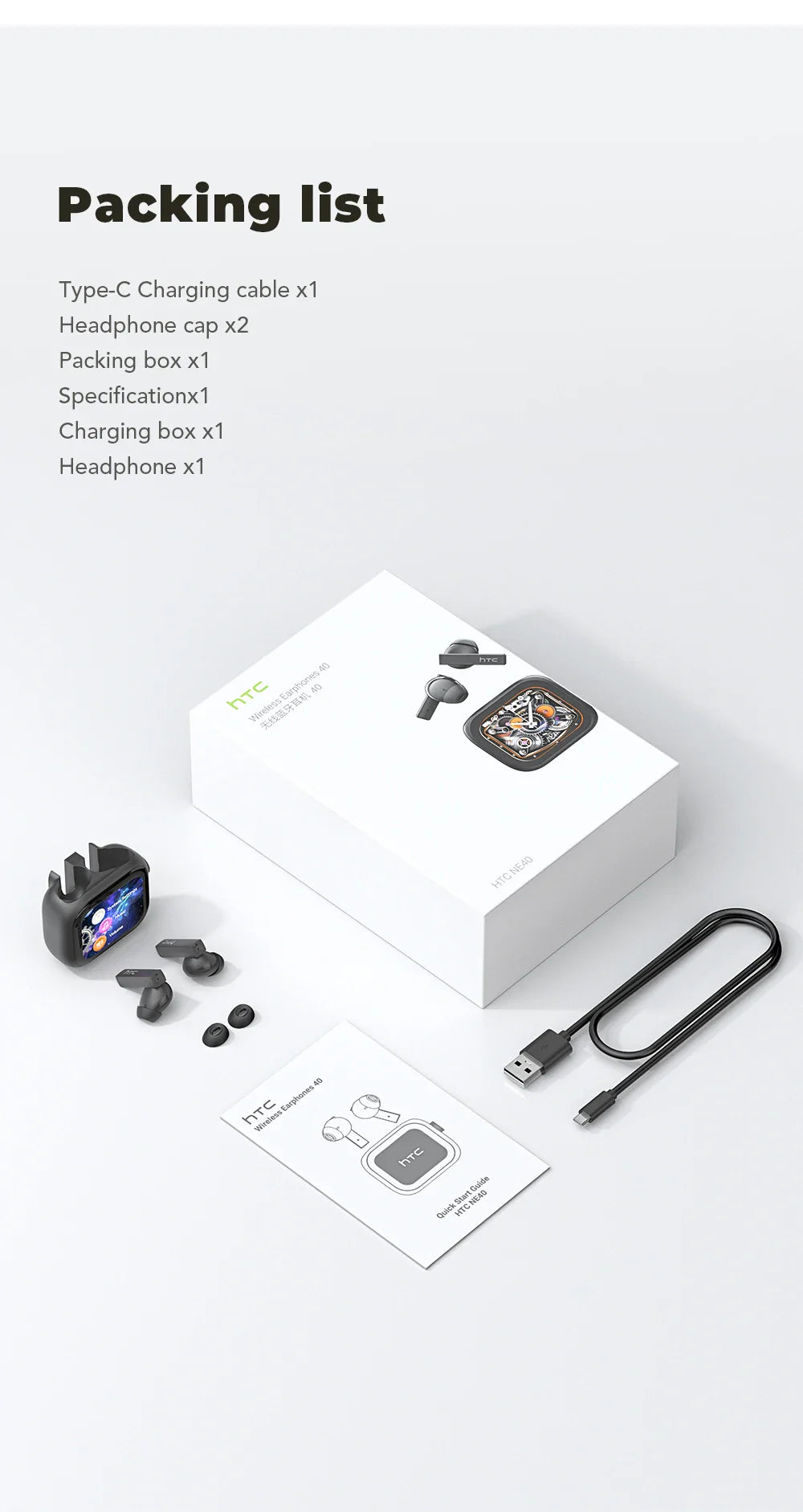 [Ultra HD Screen] HTC NE40 Earphones Bluetooth V6 TWS Sports Wireless Headphones AI Translator Earbud In-Ear Noise Reduction Mic