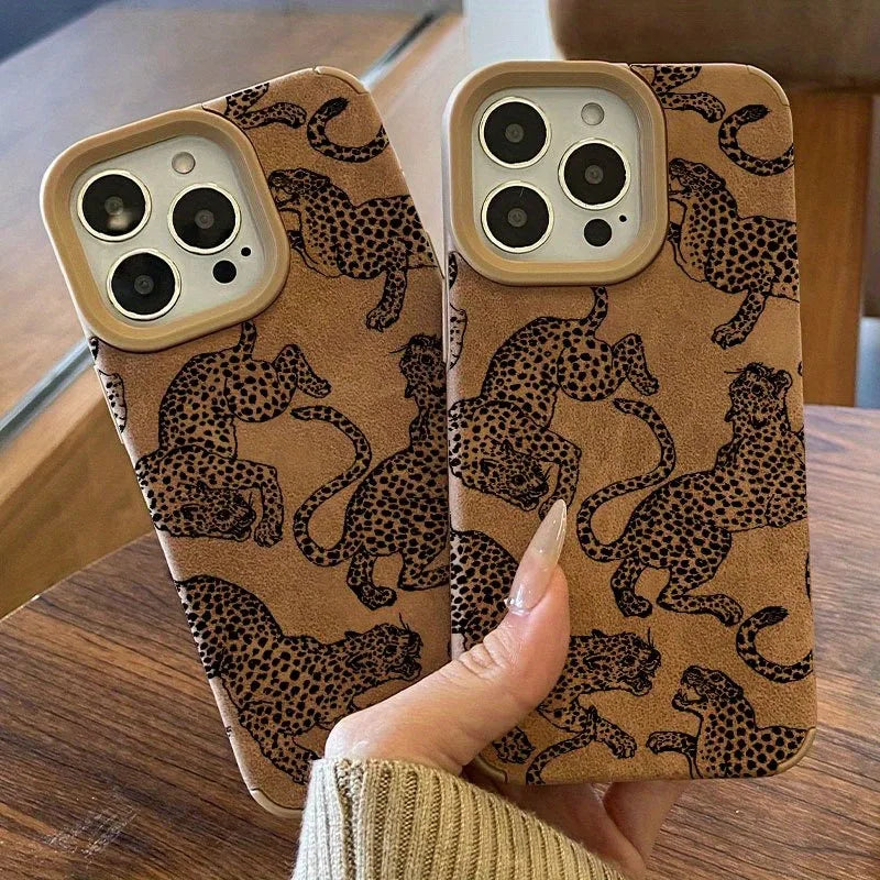 Vivid Leopard Pattern Bonded Leather Phone Case For iPhone 17 16 15 14 Pro Max 13 12 11 XS XR X 16 Plus Shockproof Bumper Cover