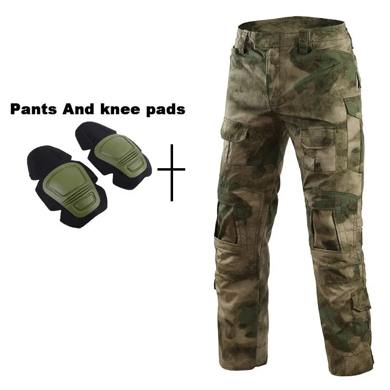 Outdoor Tactical Uniform Military Camo Hiking Training Shirts Workwear Cargo Pants+Pads Airsoft Paintball Hunting Clothes Sets