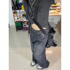 Women Vintage Streetwear Black Baggy Korean Jeans High Waiste