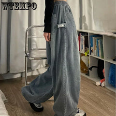 Spring Women Vintage Baggy Jeans Elastic Waist Oversized American Trouser