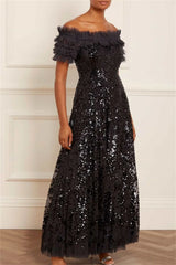 Black Glitter Sequins A-line Prom Dress Elegant Off Shoulder Sleeveless Wedding Dress