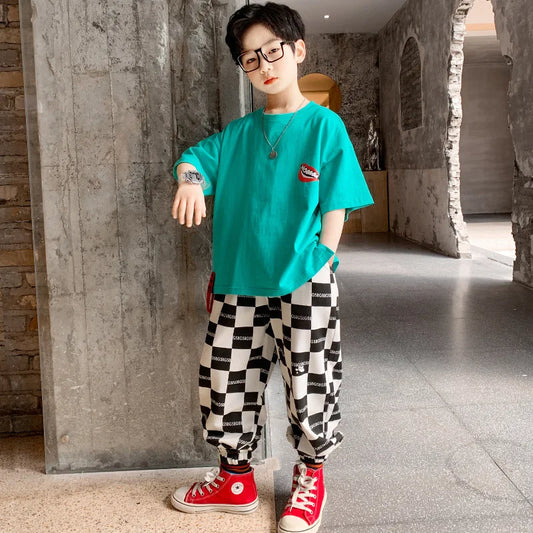 Summer Teenage Boy Girls Clothes Set Children Tshirts and Plaid Pants 2 Pieces Suit Kid Short Sleeve O Neck Top Bottom Tracksuit