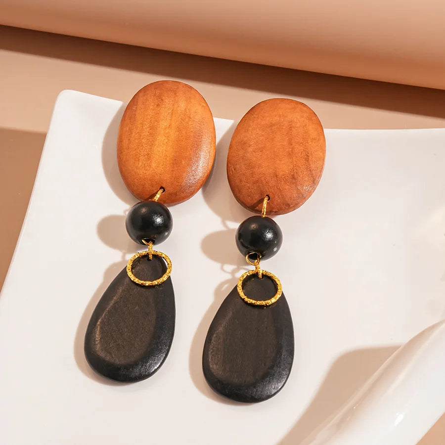 Vintage Wood Earring Dangle for Women Geometric Oval Water Drop Earrings European American Style Large Long Earrings Jewelry
