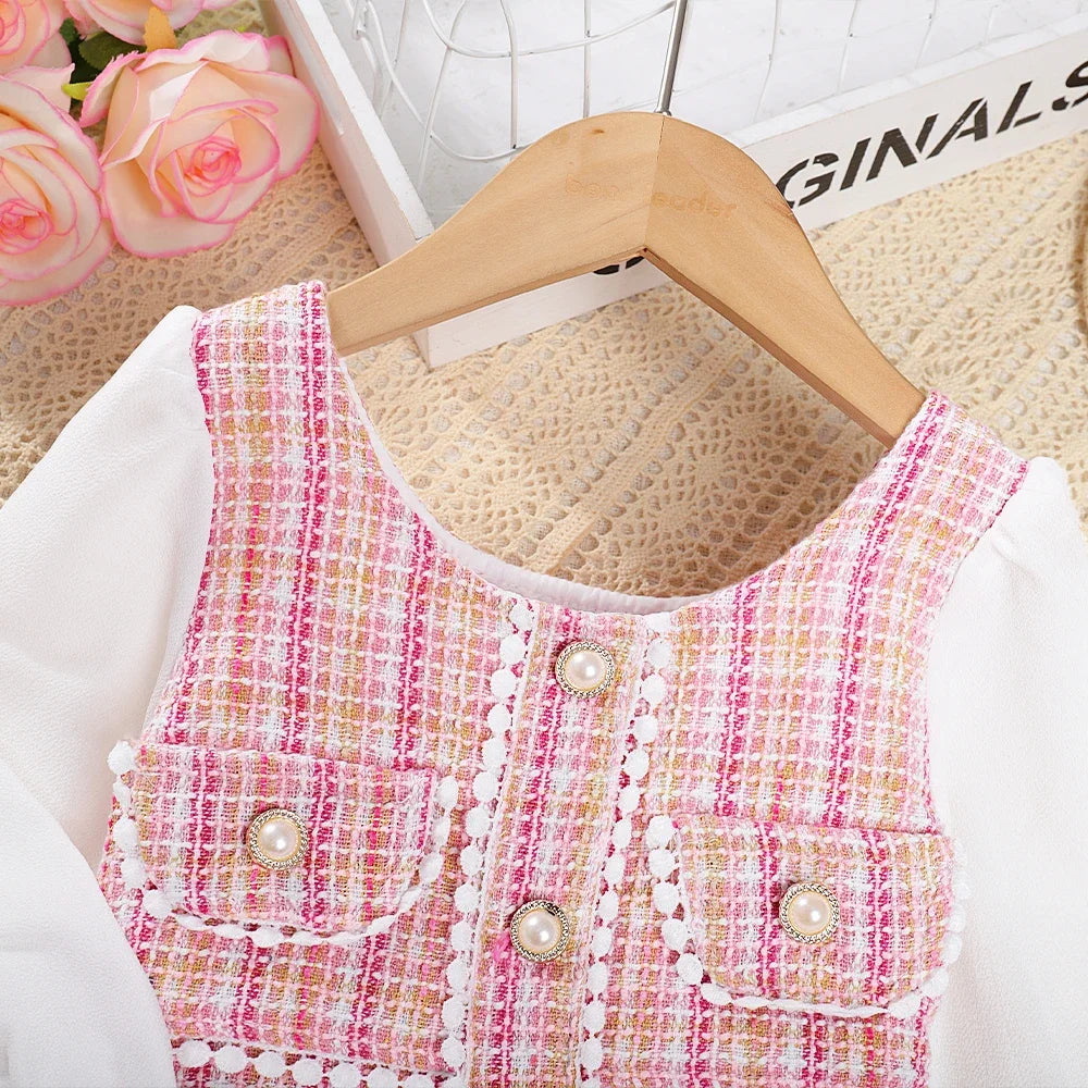 Girls' Dress Girls' Round Neck Plaid Lace Button Long Sleeve