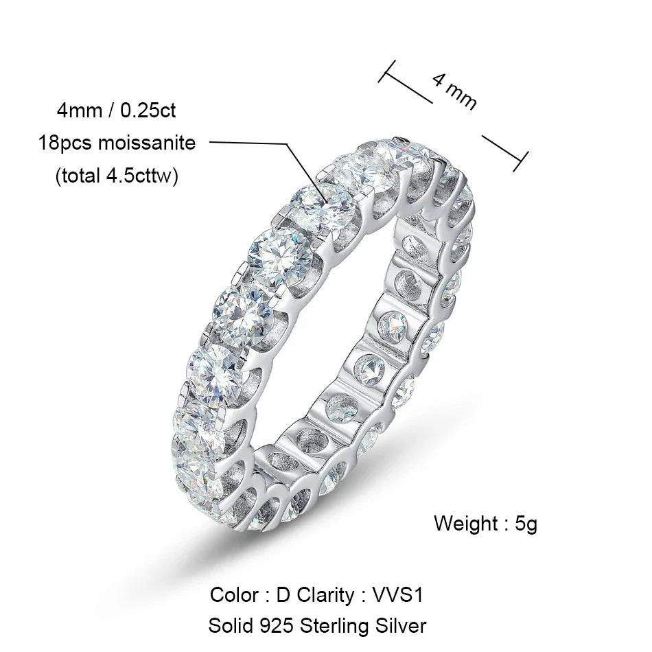 ALLNOEL 2mm Full Moissanite Ring for Women D Color VVS1 Female Single Tail Ring 925 Silver Ring Wedding Eternity Band With GRA