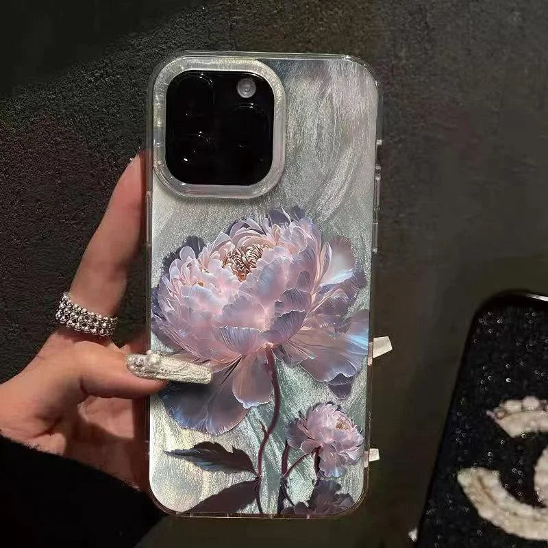 Pink Peony Lotus Print Phone Case for IPhone 16 15 14 13 12 11 17 Air Pro Max 15 Pro 7 8 Plus 16e Shockproof Silver Plated Cover
