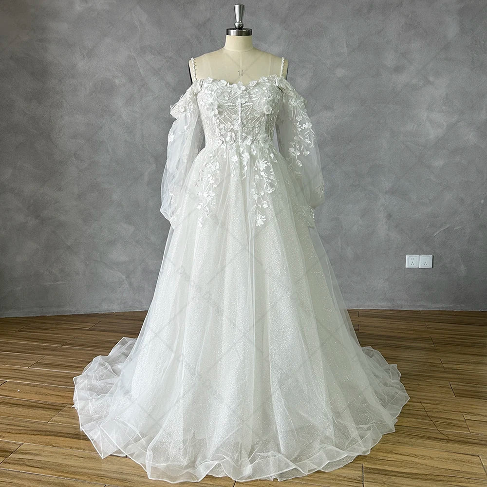 White Bridesmaid Dresses: Off Shoulder Lace Glitter Tulle Wedding Dresses Long