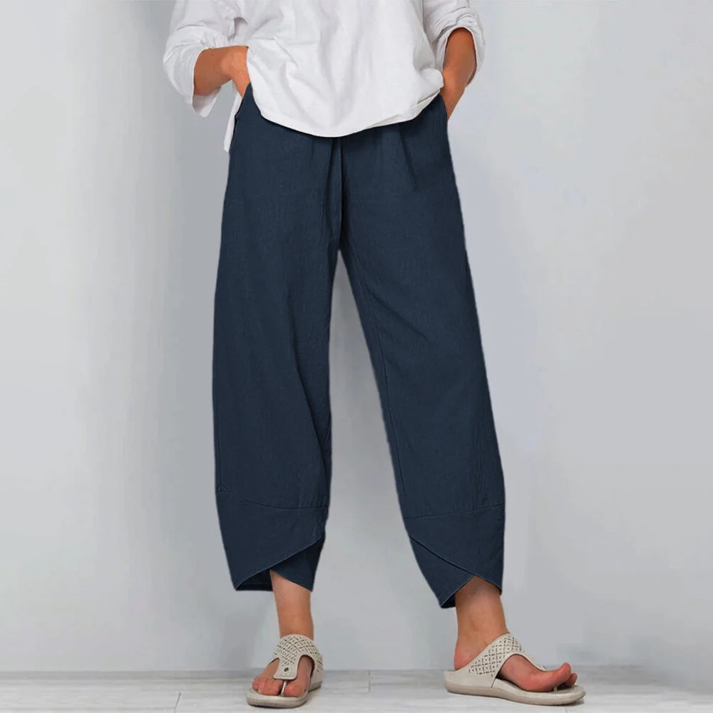 Women Cotton Linen Harem Pants Vintage Printed Wide Leg Trousers Casual Solid Pockets