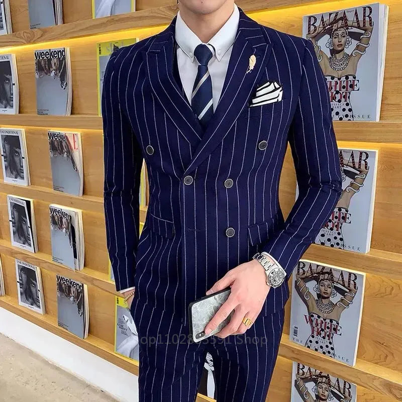 Tuxedo for Mens: Vertical Stripe Men's Suit Homme Slim Fit Business