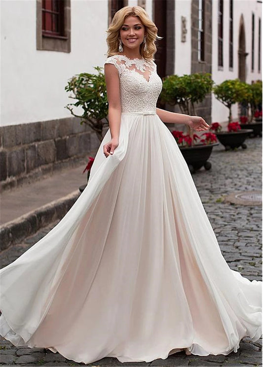 Back Design Chiffon A-line Wedding Dress Lace Appliques