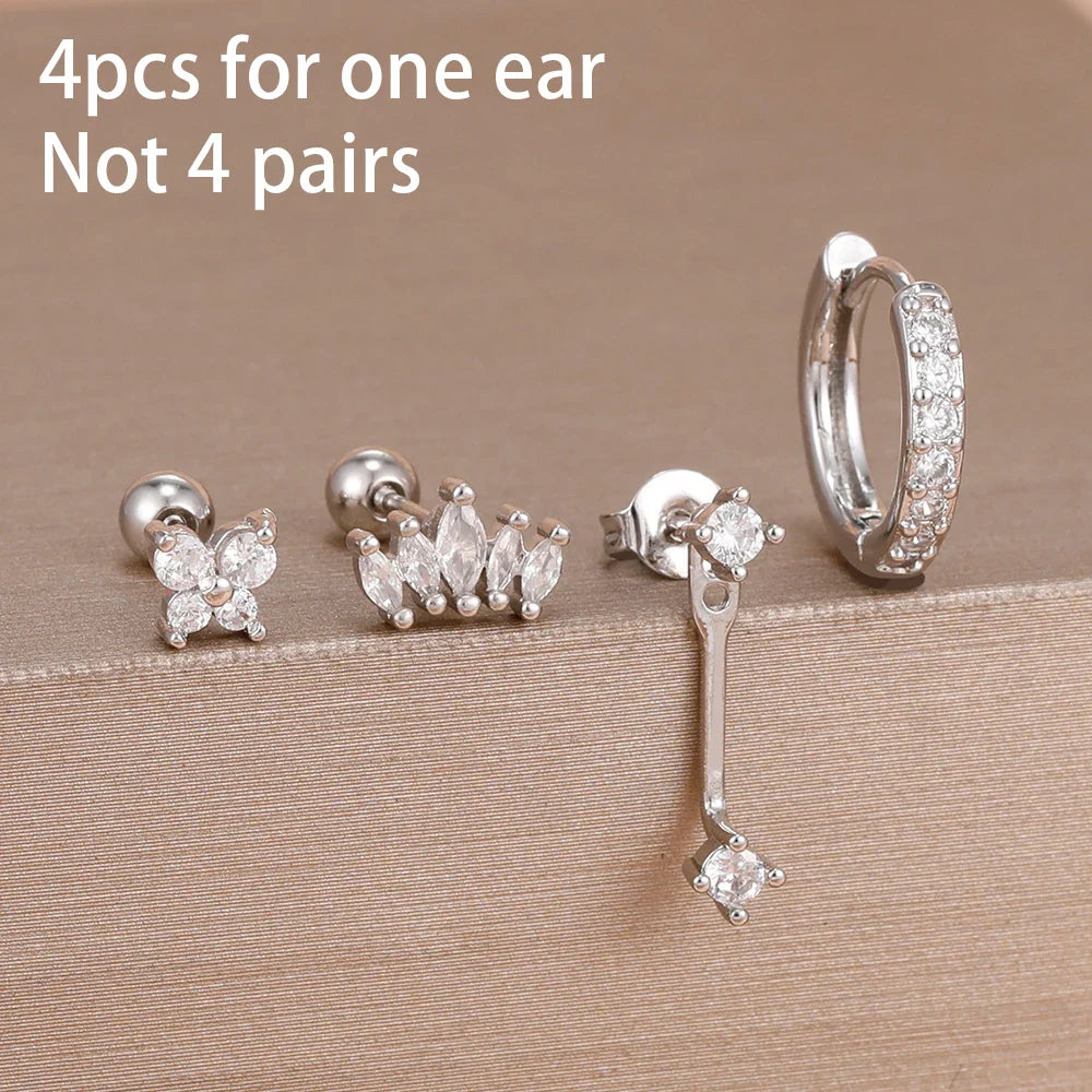 4PCS Stainless Steel Circle Huggie Hoop Earrings Set for Women Gold Color Unique Zircon Flower Stud Earring Piercing Jewelry