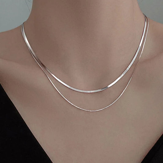 Silver Double Layer Box Chain Snake Clavicle Chain Necklace Female Fashion