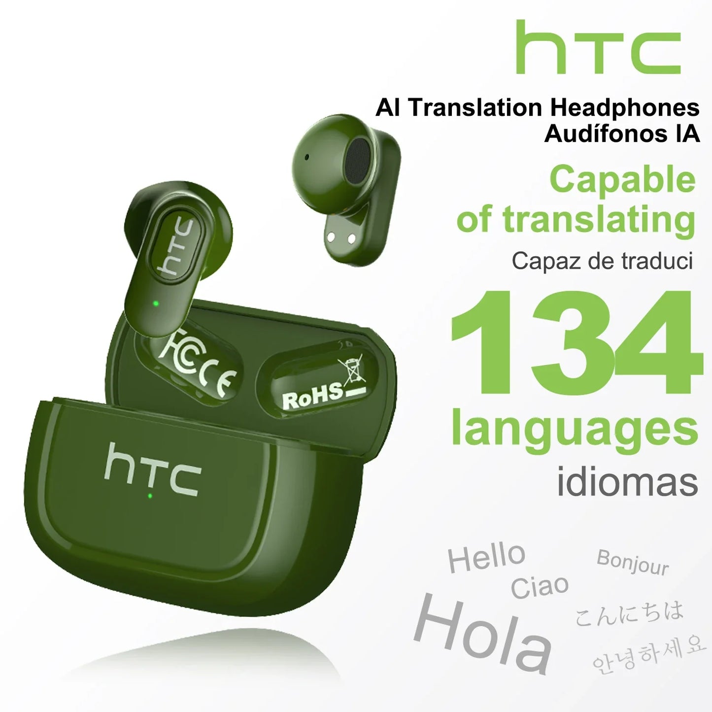 HTC NE51 Bluetooth Earphones TWS Sport Wireless Headphones Long Life with Mic In-Ear Earbuds AI Translator Earbuds