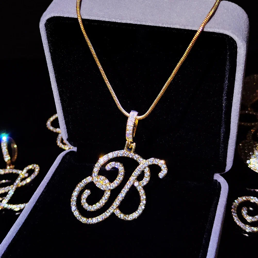 Fashion 26 Cursive Initial Letter Zircon Pendant Necklace For Women Shiny Crystal Alphabet Rope Chain Necklace Hip Hop Jewelry