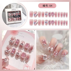 24pcs Press on False Nails Blush Pink Bowknot Diamond Pearl 3D Design Nail Tips with Harmless Smooth for Woman DIY Fake Nails