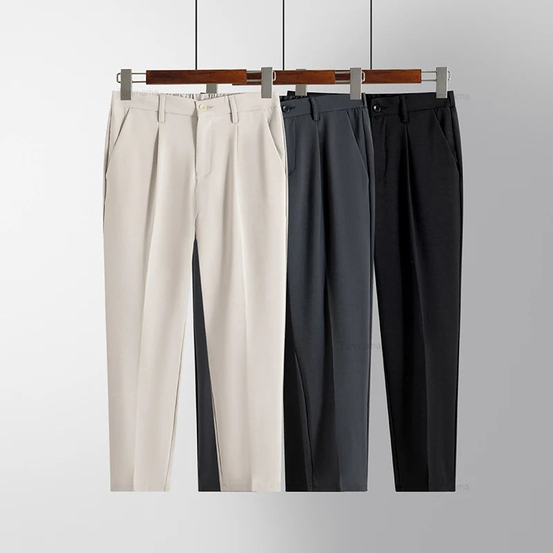 Men's No-iron Formal Suit Pants Drape Elastic British Formal Casual Tapered Trousers