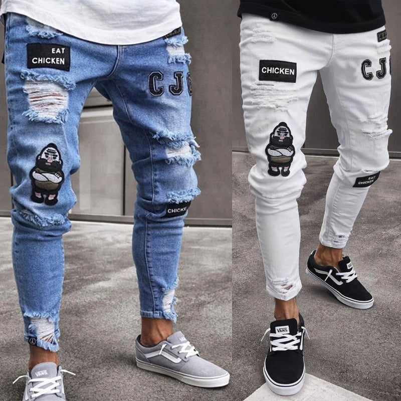 White Embroidery Skinny Ripped Jeans Men Cotton Stretchy Slim Fit Hip Hop Denim Pants
