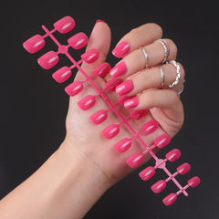 24Pcs Short Square Round Head Shiny Wearable Fake Nails Strip Simple Solid Color